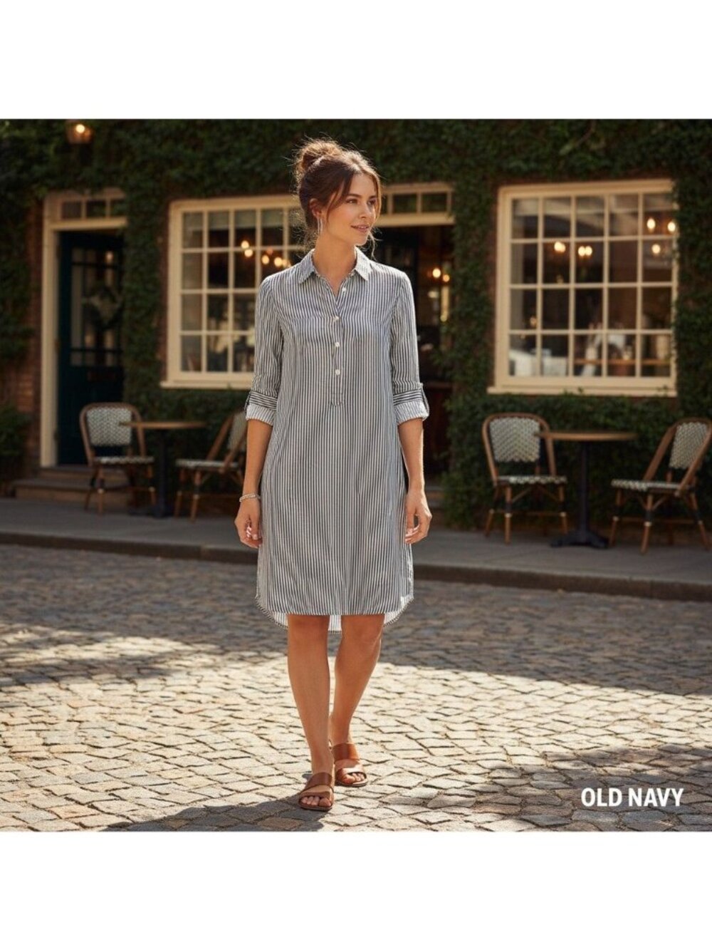 Striped Long-Sleeve Shirt Dress Coastal Preppy Nautical Normcore Minimalist Med.